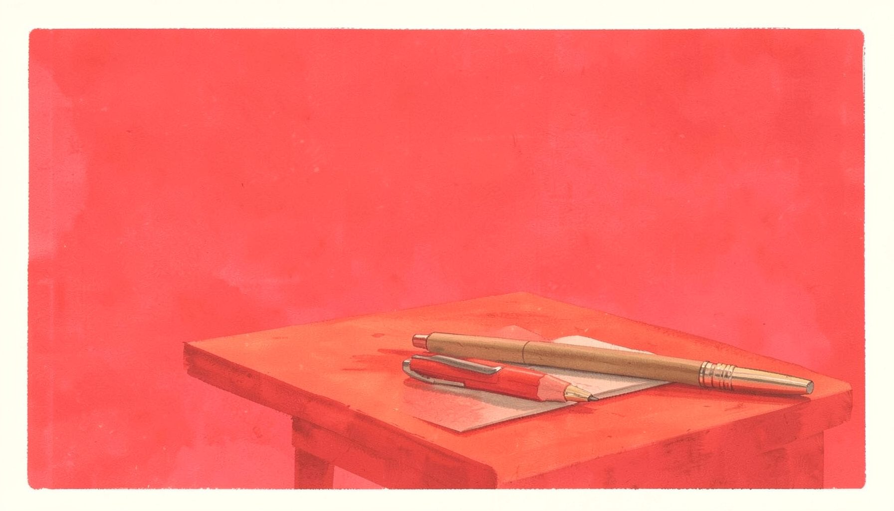 ภาพวาดสีน้ำแบบกัวโชของแบบฟอร์มลงทะเบียนและปากกาบนโต๊ะสีชมพูกุหลาบ บรรยากาศเป็นมิตรและอบอุ่น